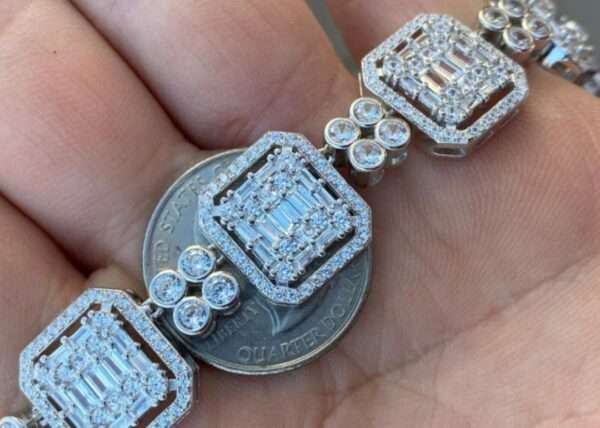 Baguette & Round Moissanite Diamond 11mm Iced Out Diamond Tennis Chain, Sterling Silver 14K Rose Gold Plated Hip Hop Cluster Tennis Chain Necklace