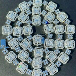 Baguette & Round Moissanite Diamond 11mm Iced Out Diamond Tennis Chain, Sterling Silver 14K Rose Gold Plated Hip Hop Cluster Tennis Chain Necklace