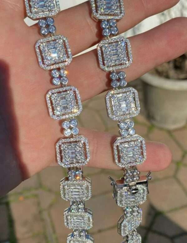Baguette & Round Moissanite Diamond 11mm Iced Out Diamond Tennis Chain, Sterling Silver 14K Rose Gold Plated Hip Hop Cluster Tennis Chain Necklace