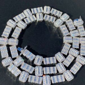 Baguette & Round Moissanite Diamond 12mm Iced Out Diamond Tennis Chain, Sterling Silver 14K Rose Gold Plated Hip Hop Cluster Tennis Chain Necklace