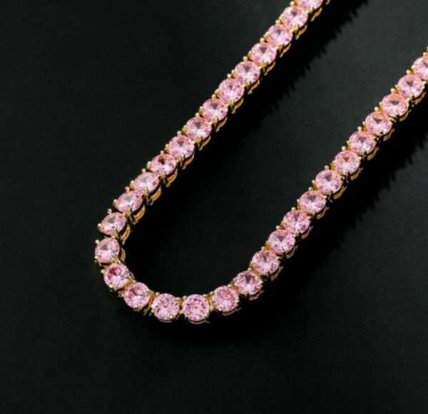 Round Pink Sapphire Diamond 5mm Iced Out Diamond Tennis Chain, Sterling Silver 14K Gold Plated Hip Hop Cluster Tennis Chain Necklace