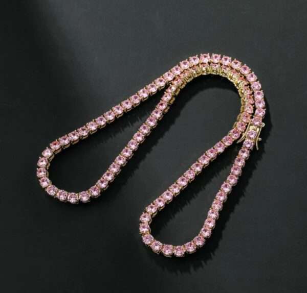 Round Pink Sapphire Diamond 5mm Iced Out Diamond Tennis Chain, Sterling Silver 14K Gold Plated Hip Hop Cluster Tennis Chain Necklace
