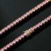 Round Pink Sapphire Diamond 5mm Iced Out Diamond Tennis Chain, Sterling Silver 14K Gold Plated Hip Hop Cluster Tennis Chain Necklace