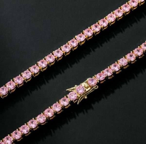 Round Pink Sapphire Diamond 5mm Iced Out Diamond Tennis Chain, Sterling Silver 14K Gold Plated Hip Hop Cluster Tennis Chain Necklace