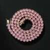 Round Pink Sapphire Diamond 5mm Iced Out Diamond Tennis Chain, Sterling Silver 14K Gold Plated Hip Hop Cluster Tennis Chain Necklace