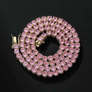 Round Pink Sapphire Diamond 5mm Iced Out Diamond Tennis Chain, Sterling Silver 14K Gold Plated Hip Hop Cluster Tennis Chain Necklace