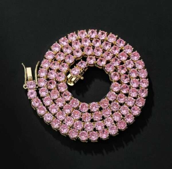 Round Pink Sapphire Diamond 5mm Iced Out Diamond Tennis Chain, Sterling Silver 14K Gold Plated Hip Hop Cluster Tennis Chain Necklace