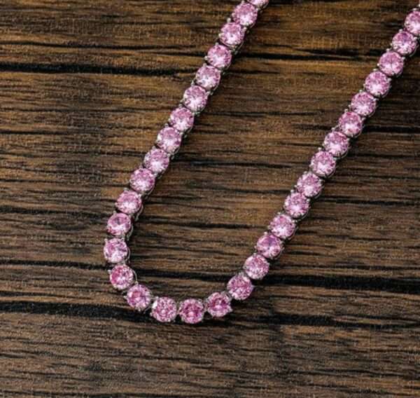 IMG_20221020_173102 Round Pink Sapphire Diamond 5mm Iced Out Diamond Tennis Chain, Sterling Silver 14K Gold Plated Hip Hop Cluster Tennis Chain Necklace