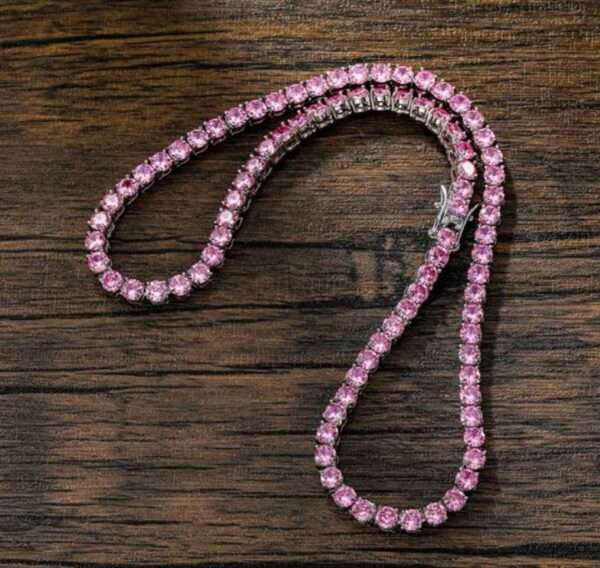 IMG_20221020_173115 Round Pink Sapphire Diamond 5mm Iced Out Diamond Tennis Chain, Sterling Silver 14K Gold Plated Hip Hop Cluster Tennis Chain Necklace