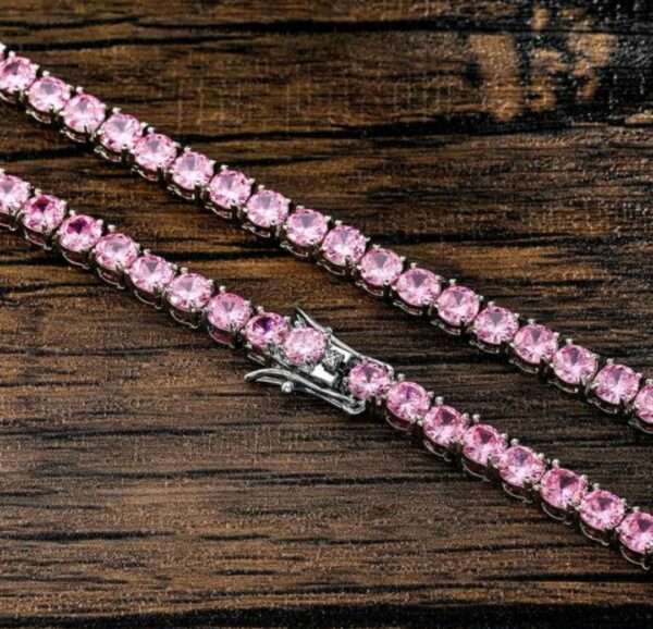 IMG_20221020_173129 Round Pink Sapphire Diamond 5mm Iced Out Diamond Tennis Chain, Sterling Silver 14K Gold Plated Hip Hop Cluster Tennis Chain Necklace