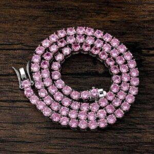 Round Pink Sapphire Diamond 5mm Iced Out Diamond Tennis Chain, Sterling Silver 14K Gold Plated Hip Hop Cluster Tennis Chain Necklace