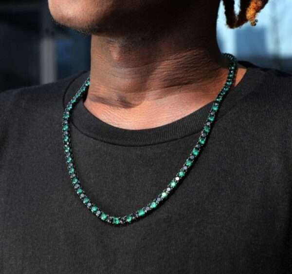 Round Black & Green Sapphire Diamond 5mm Iced Out Diamond Tennis Chain, Sterling Silver 14K Gold Plated Hip Hop Cluster Tennis Chain Necklace