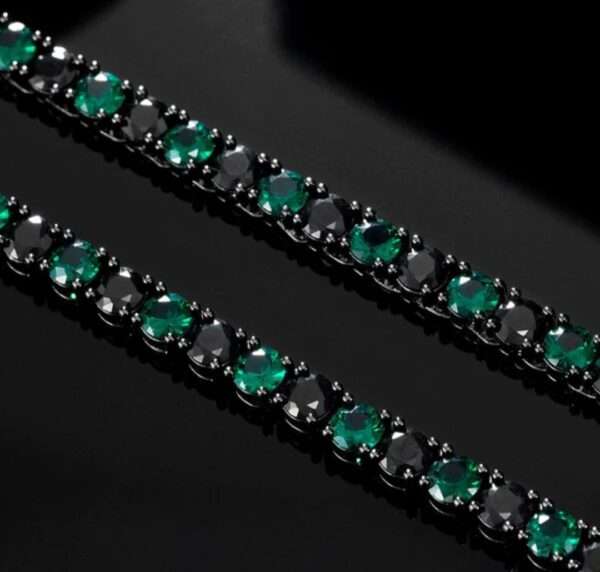 Round Black & Green Sapphire Diamond 5mm Iced Out Diamond Tennis Chain, Sterling Silver 14K Gold Plated Hip Hop Cluster Tennis Chain Necklace