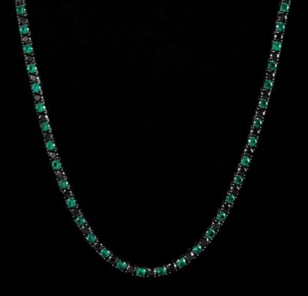 Round Black & Green Sapphire Diamond 5mm Iced Out Diamond Tennis Chain, Sterling Silver 14K Gold Plated Hip Hop Cluster Tennis Chain Necklace