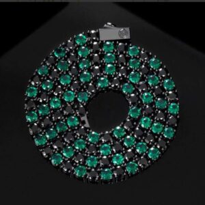 Round Black & Green Sapphire Diamond 5mm Iced Out Diamond Tennis Chain, Sterling Silver 14K Gold Plated Hip Hop Cluster Tennis Chain Necklace