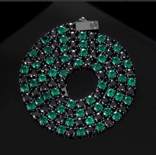 Round Black & Green Sapphire Diamond 5mm Iced Out Diamond Tennis Chain, Sterling Silver 14K Gold Plated Hip Hop Cluster Tennis Chain Necklace