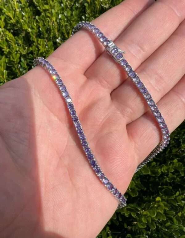 Round Blue Sapphire Diamond 5mm Iced Out Diamond Tennis Chain, Sterling Silver 14K Gold Plated Hip Hop Cluster Tennis Chain Necklace