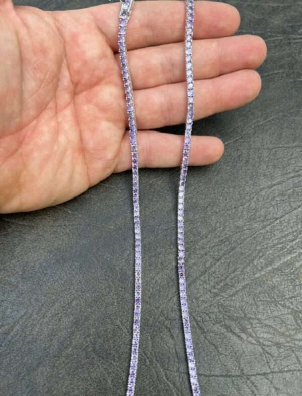 Round Blue Sapphire Diamond 5mm Iced Out Diamond Tennis Chain, Sterling Silver 14K Gold Plated Hip Hop Cluster Tennis Chain Necklace