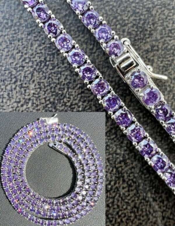 Round Blue Sapphire Diamond 5mm Iced Out Diamond Tennis Chain, Sterling Silver 14K Gold Plated Hip Hop Cluster Tennis Chain Necklace