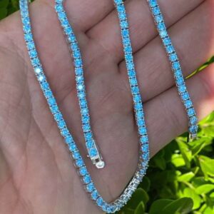 Round Aqua Blue Sapphire Diamond 5mm Iced Out Diamond Tennis Chain, Sterling Silver 14K Gold Plated Hip Hop Cluster Tennis Chain Necklace