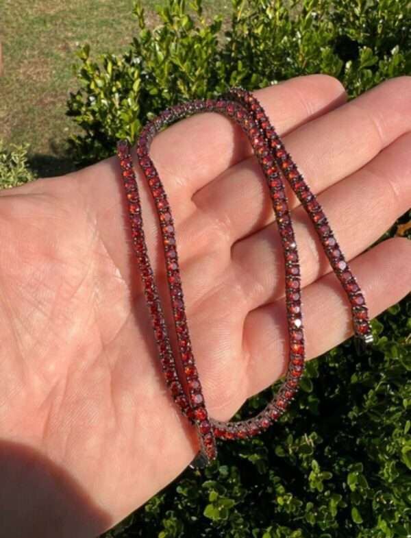 Round Red Ruby Diamond 5mm Iced Out Diamond Tennis Chain, Sterling Silver 14K Gold Plated Hip Hop Cluster Tennis Chain Necklace