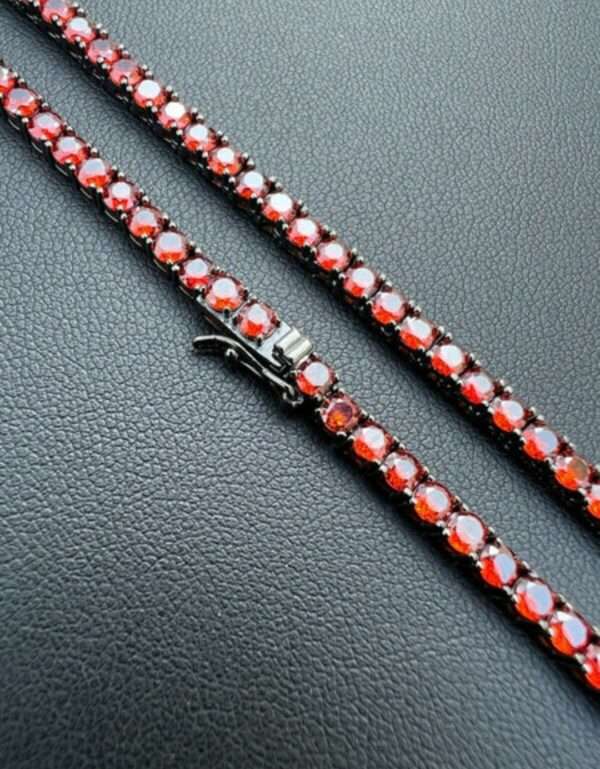 Round Red Ruby Diamond 5mm Iced Out Diamond Tennis Chain, Sterling Silver 14K Gold Plated Hip Hop Cluster Tennis Chain Necklace