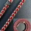 Round Red Ruby Diamond 5mm Iced Out Diamond Tennis Chain, Sterling Silver 14K Gold Plated Hip Hop Cluster Tennis Chain Necklace
