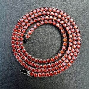 Round Red Ruby Diamond 5mm Iced Out Diamond Tennis Chain, Sterling Silver 14K Gold Plated Hip Hop Cluster Tennis Chain Necklace