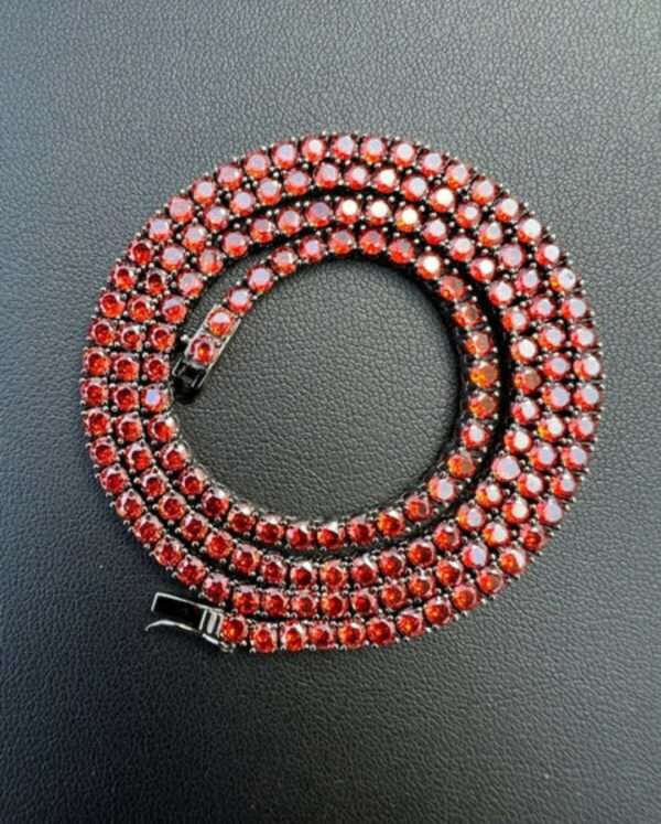 Round Red Ruby Diamond 5mm Iced Out Diamond Tennis Chain, Sterling Silver 14K Gold Plated Hip Hop Cluster Tennis Chain Necklace