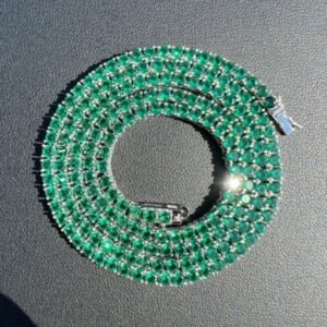 Round Green Emerald Diamond 5mm Iced Out Diamond Tennis Chain, Sterling Silver 14K Gold Plated Hip Hop Cluster Tennis Chain Necklace
