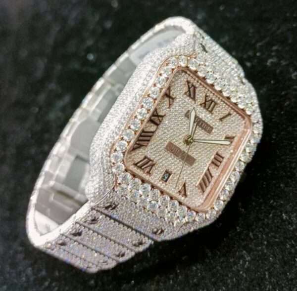 Cartier Santos Moissanite Diamond Men Watch, Stainless Steel 2 Tone Gold Plated Men Watch For Birthday Gift