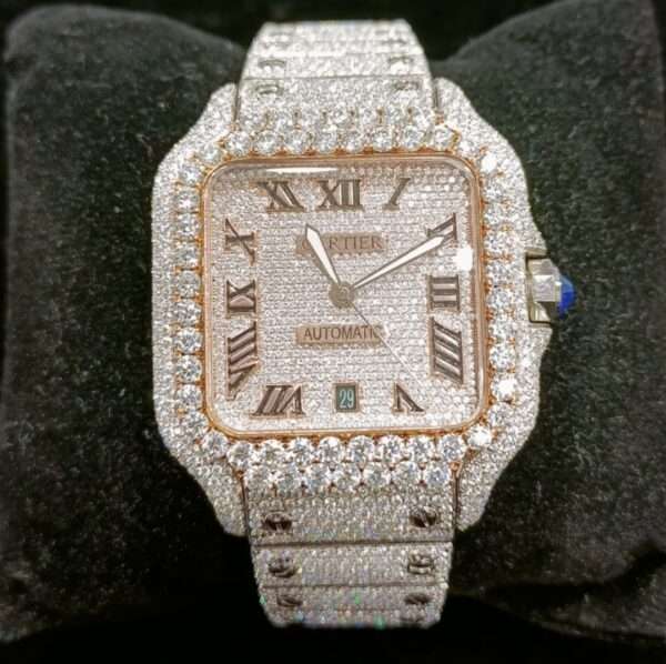 Cartier Santos Moissanite Diamond Men Watch, Stainless Steel 2 Tone Gold Plated Men Watch For Birthday Gift