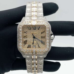 IMG_20221031_155037 Cartier Santos Round & Baguette Moissanite Diamond Men Watch, Stainless Steel Gold Plated Men Watch For Birthday Gift