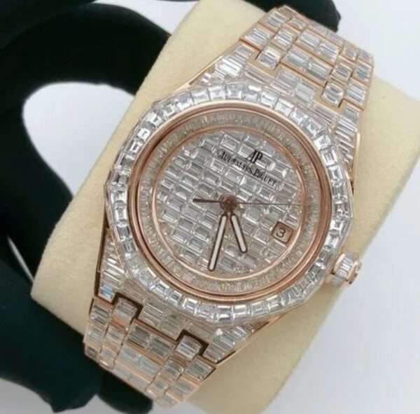 Audemars Piguet Full Iced Out Moissanite Baguette Diamond Men Watch, Stainless Steel Rose Gold Plated 42mm Men Watch