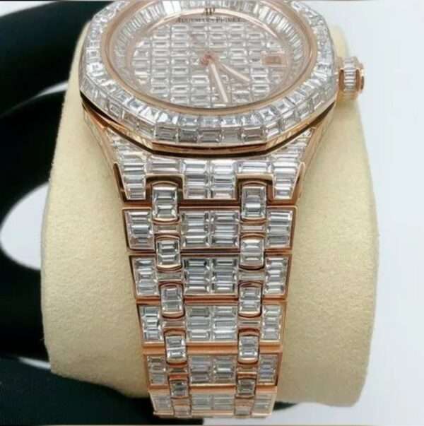 Audemars Piguet Full Iced Out Moissanite Baguette Diamond Men Watch, Stainless Steel Rose Gold Plated 42mm Men Watch