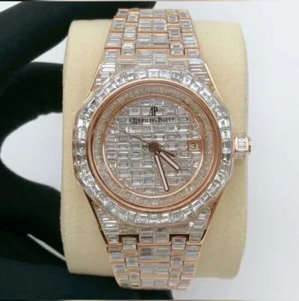 Audemars Piguet Full Iced Out Moissanite Baguette Diamond Men Watch, Stainless Steel Rose Gold Plated 42mm Men Watch