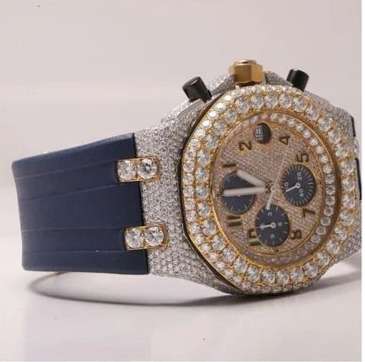 Audemars Piguet Full Iced Out Yellow & White Gold Plated Moissanite Diamond Men Watch, Silicon Blue Band All Chronology Working 42mm Men Watch