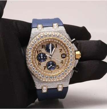 Audemars Piguet Full Iced Out Yellow & White Gold Plated Moissanite Diamond Men Watch, Silicon Blue Band All Chronology Working 42mm Men Watch