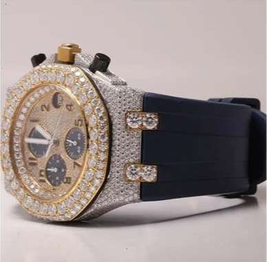 Audemars Piguet Full Iced Out Yellow & White Gold Plated Moissanite Diamond Men Watch, Silicon Blue Band All Chronology Working 42mm Men Watch