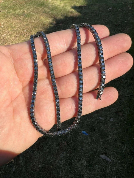 TennisChain2 Round Black Moissanite Diamond 3mm Micro Setting Tennis Chain, Sterling Silver 14K Gold Plated Hip Hop Cluster Tennis Chain Necklace