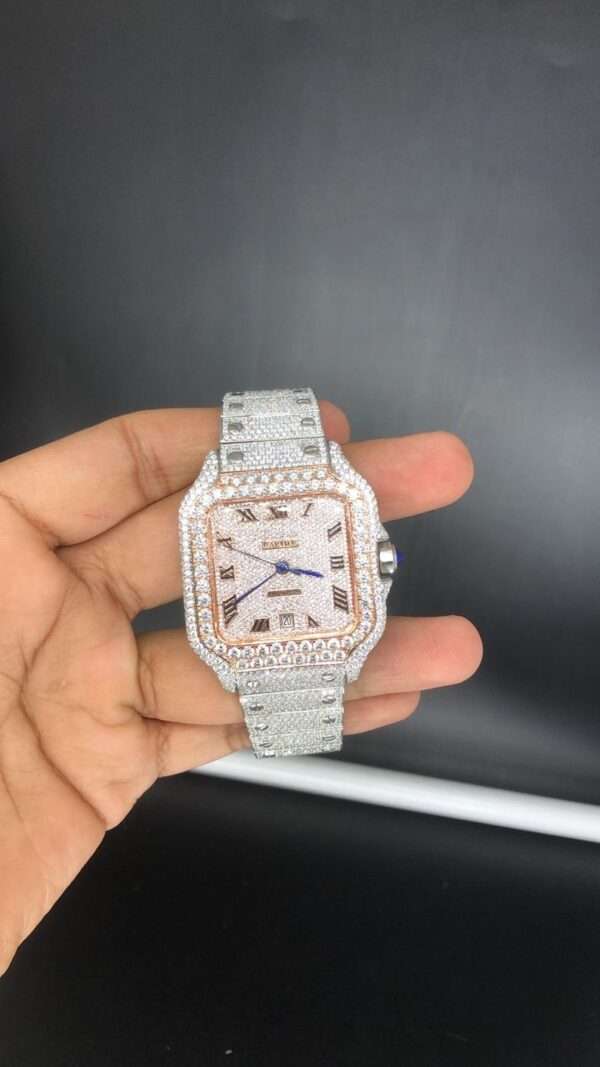 Cartier Santos Moissanite Diamond Men Watch, Stainless Steel 2 Tone Gold Plated Men Watch For Birthday Gift