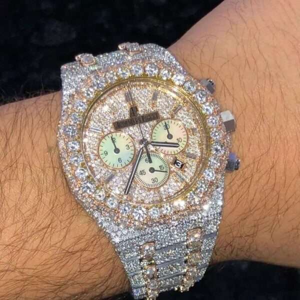 Audemars Piguet Full Iced Out Moissanite Diamond Men Watch, Stainless Steel All Chronology Working 2 Tone Gold Plated 42mm Men Watch