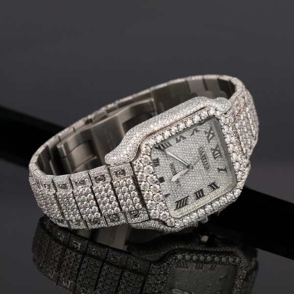 Cartier Santos Moissanite Diamond Men Watch, Stainless Steel Gold Plated Men Watch For Birthday Gift
