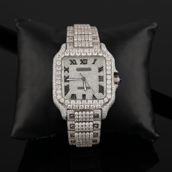 Cartier Santos Moissanite Diamond Men Watch, Stainless Steel Gold Plated Men Watch For Birthday Gift