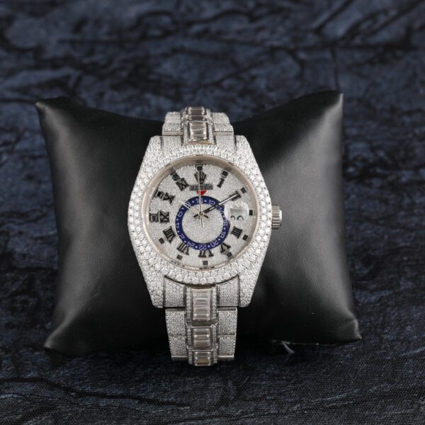 Rolex Sky Dweller Baguette & Round Moissanite Diamond Men Watch, 42mm Dial White Gold Plated Stainless Steel Men Watch For Gift, Fully Iced Out Birthday Gift Watch For Him