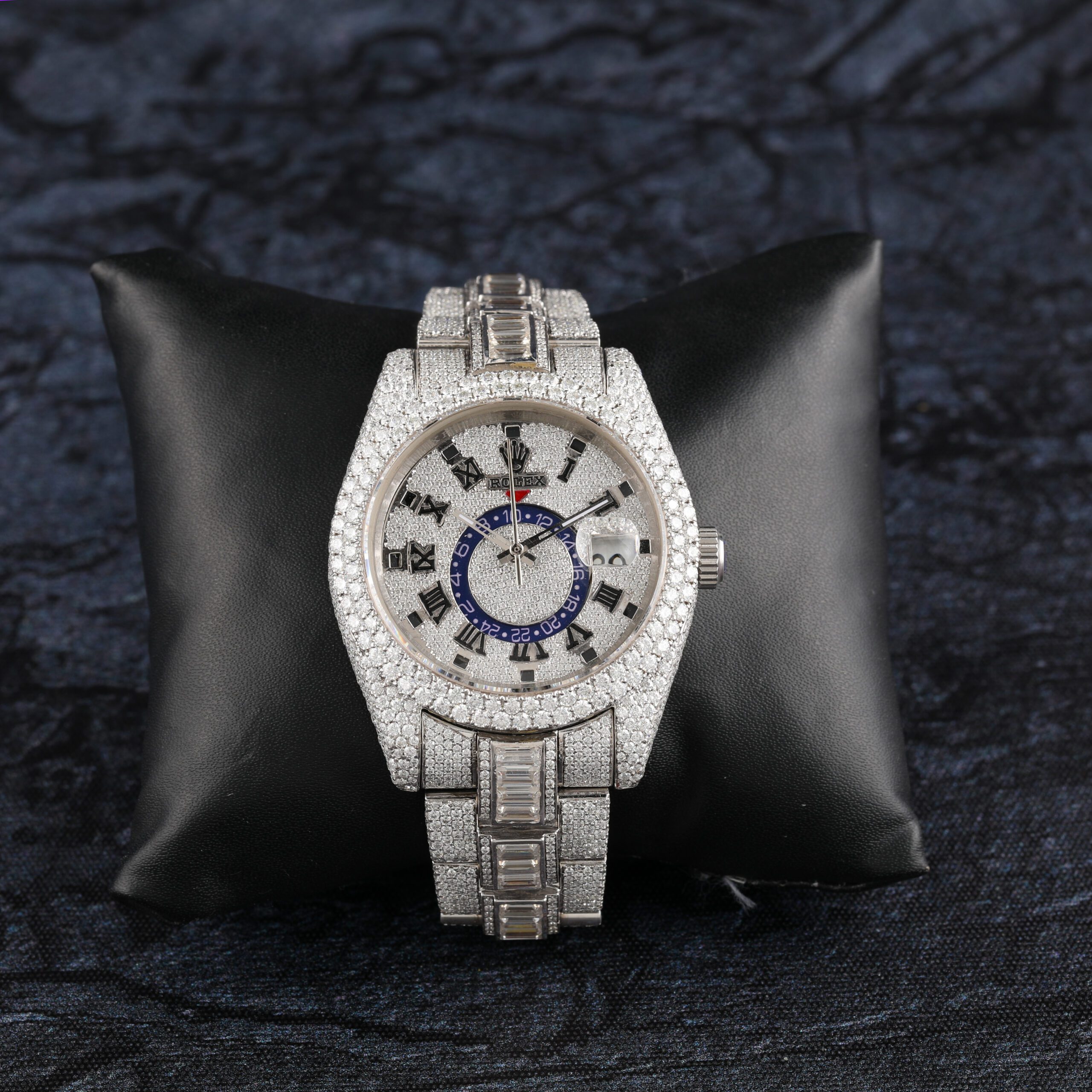 1B6A7026 Rolex Sky Dweller Baguette & Round Moissanite Diamond Men Watch, 42mm Dial White Gold Plated Stainless Steel Men Watch For Gift, Fully Iced Out Birthday Gift Watch For Him