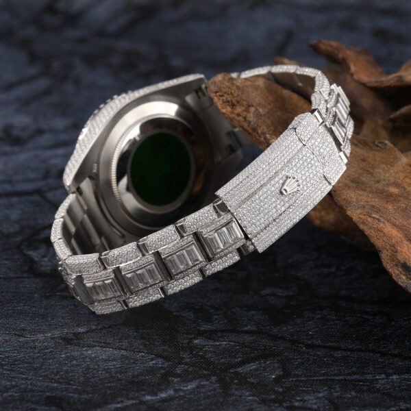 Rolex Sky Dweller Baguette & Round Moissanite Diamond Men Watch, 42mm Dial White Gold Plated Stainless Steel Men Watch For Gift, Fully Iced Out Birthday Gift Watch For Him