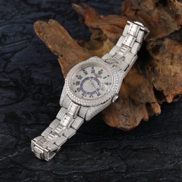 Rolex Sky Dweller Baguette & Round Moissanite Diamond Men Watch, 42mm Dial White Gold Plated Stainless Steel Men Watch For Gift, Fully Iced Out Birthday Gift Watch For Him