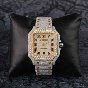 1B6A7187 Cartier Santos Moissanite Diamond Full Iced Out Men Watch, Stainless Steel White & Yellow Gold Plated Men Watch For Birthday Gift