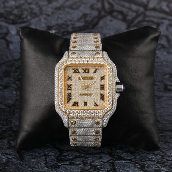 Cartier Santos Moissanite Diamond Full Iced Out Men Watch, Stainless Steel White & Yellow Gold Plated Men Watch For Birthday Gift